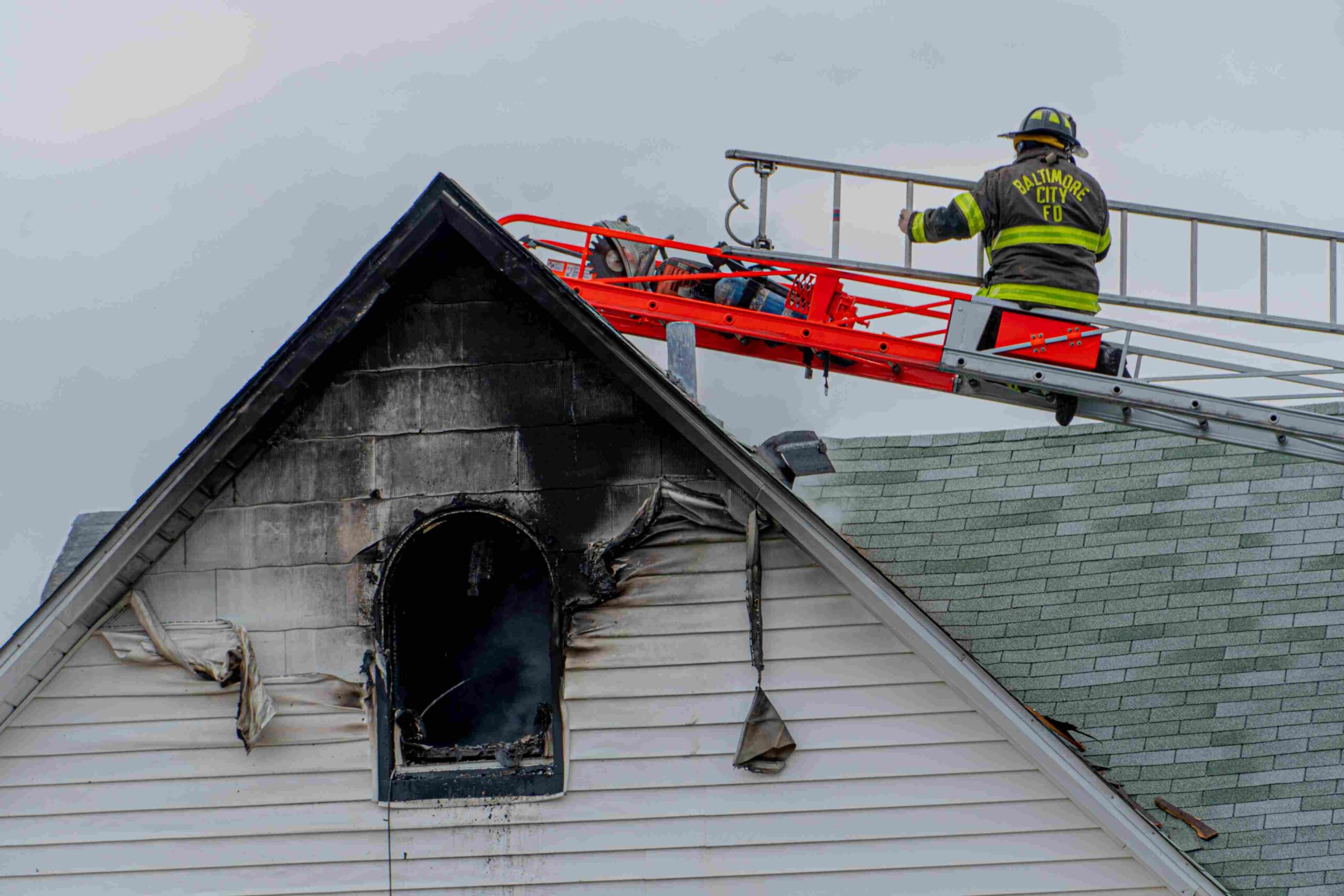 Smoke damage on an apartment building exterior in North Carolina
